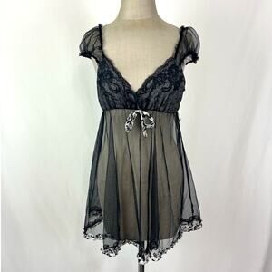 y2K Black Sheer Lace Babydoll Nightie Lingerie Slip Dress Animal Print M